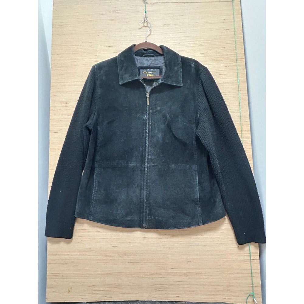 Fabio Black Suede Leather Jacket Womens XL Full Zip Textured Sleeve‎